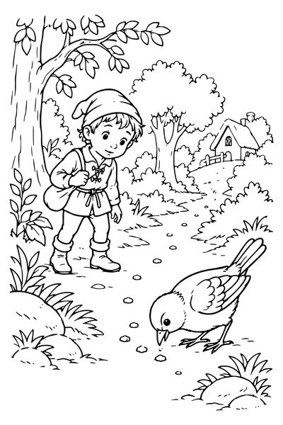 Ausmalbild: Ein Vogel pickt Brotkrumen auf.