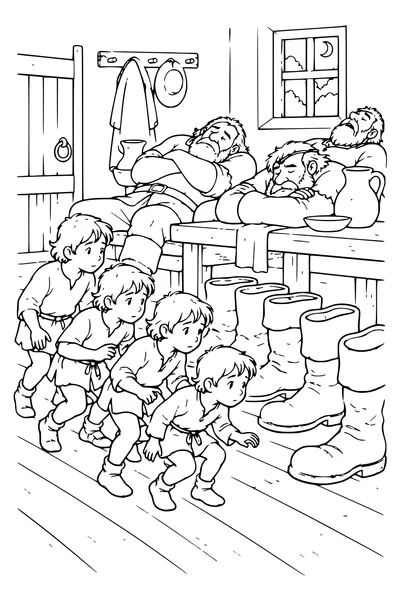Ausmalbild: Die Brüder schleichen an Riesenstiefeln vorbei.