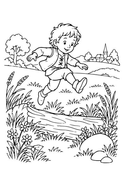 Ausmalbild: Der kleine Däumling springt über ein Feld.