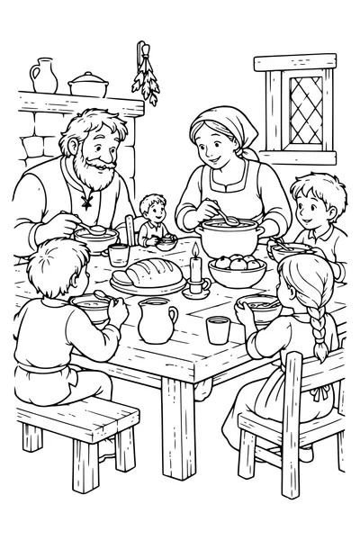 Ausmalbild: Der kleine Däumling mit seiner Familie am Tisch.