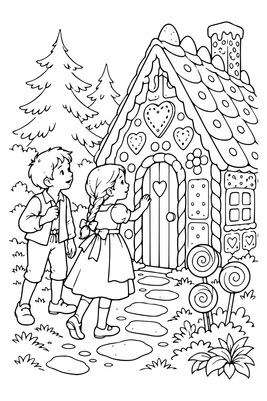 Coloring page: Hansel and Gretel at the Woodland Cottage.