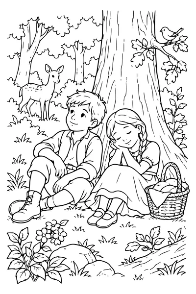 Ausmalbild: Hänsel und Gretel ruhen im Wald.