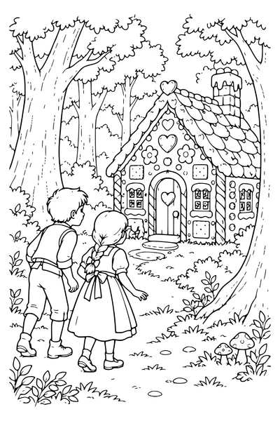 Ausmalbild: Das Lebkuchenhaus zwischen den Bäumen.