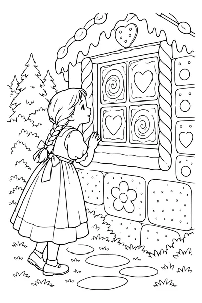 Ausmalbild: Gretel betrachtet ein Zuckerfenster.