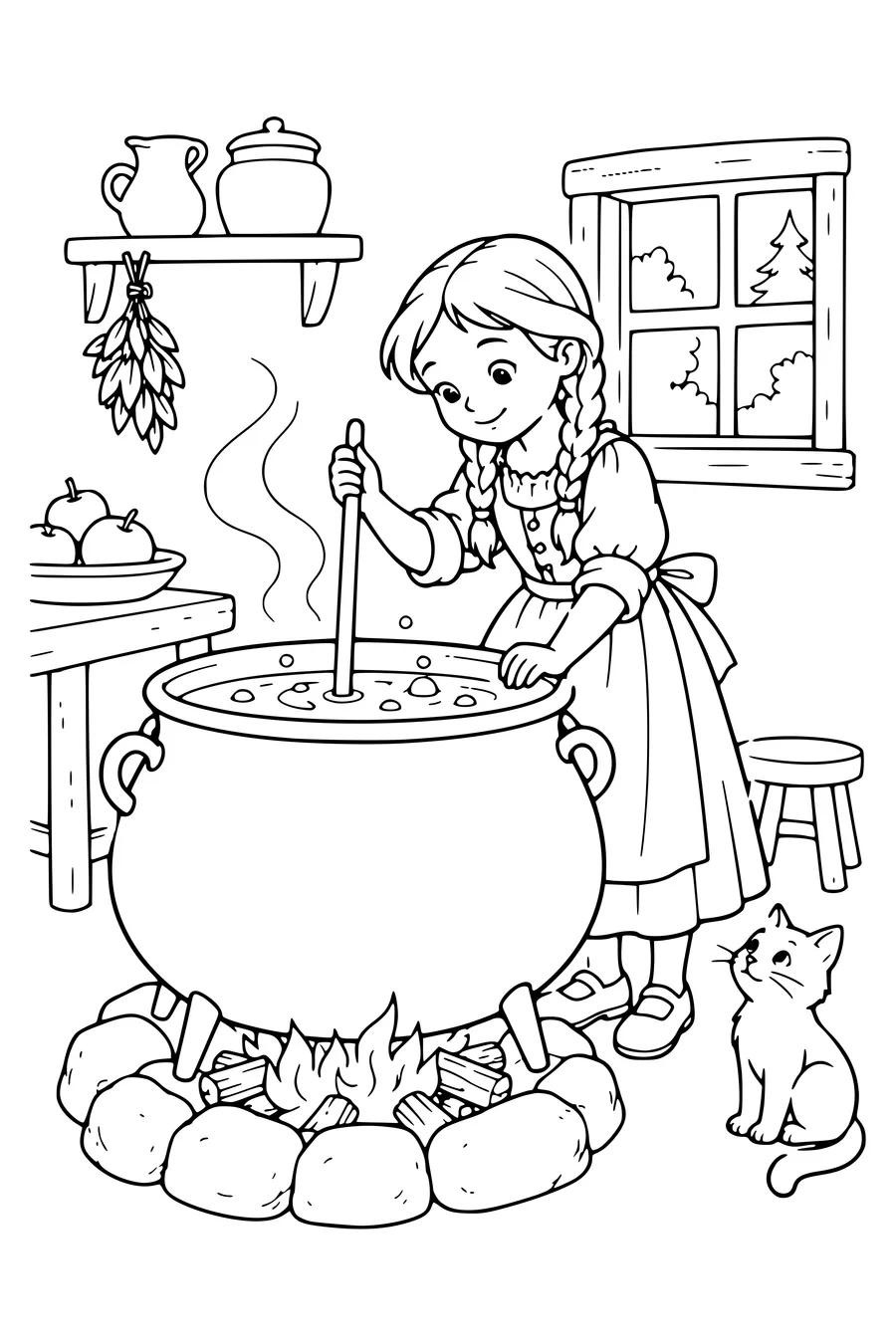 Coloring page: Gretel by a Large Cooking Pot.