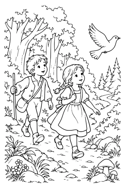 Ausmalbild: Hänsel und Gretel folgen einem weißen Vogel.