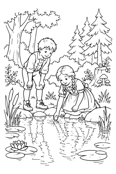 Ausmalbild: Hänsel und Gretel am Waldteich.