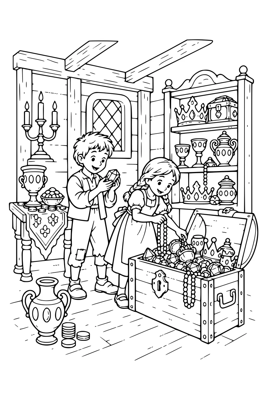 Coloring page: The Treasure Room in the Woodland House.