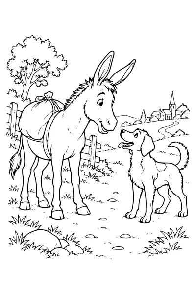 Ausmalbild: Der Esel trifft den Hund.
