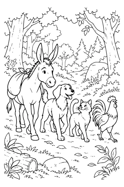 Ausmalbild: Vier Tiere wandern durch den Wald.