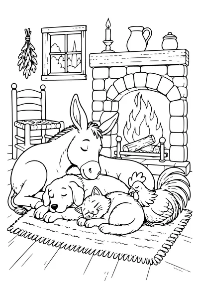 Ausmalbild: Vier Tiere schlafen am Kamin.