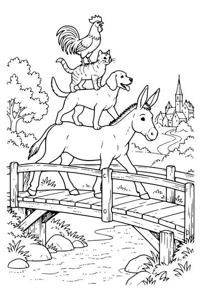 Ausmalbild: Die Tiere überqueren eine Holzbrücke.