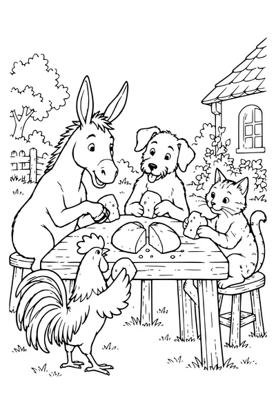 Ausmalbild: Die Tiere teilen ein Brot.