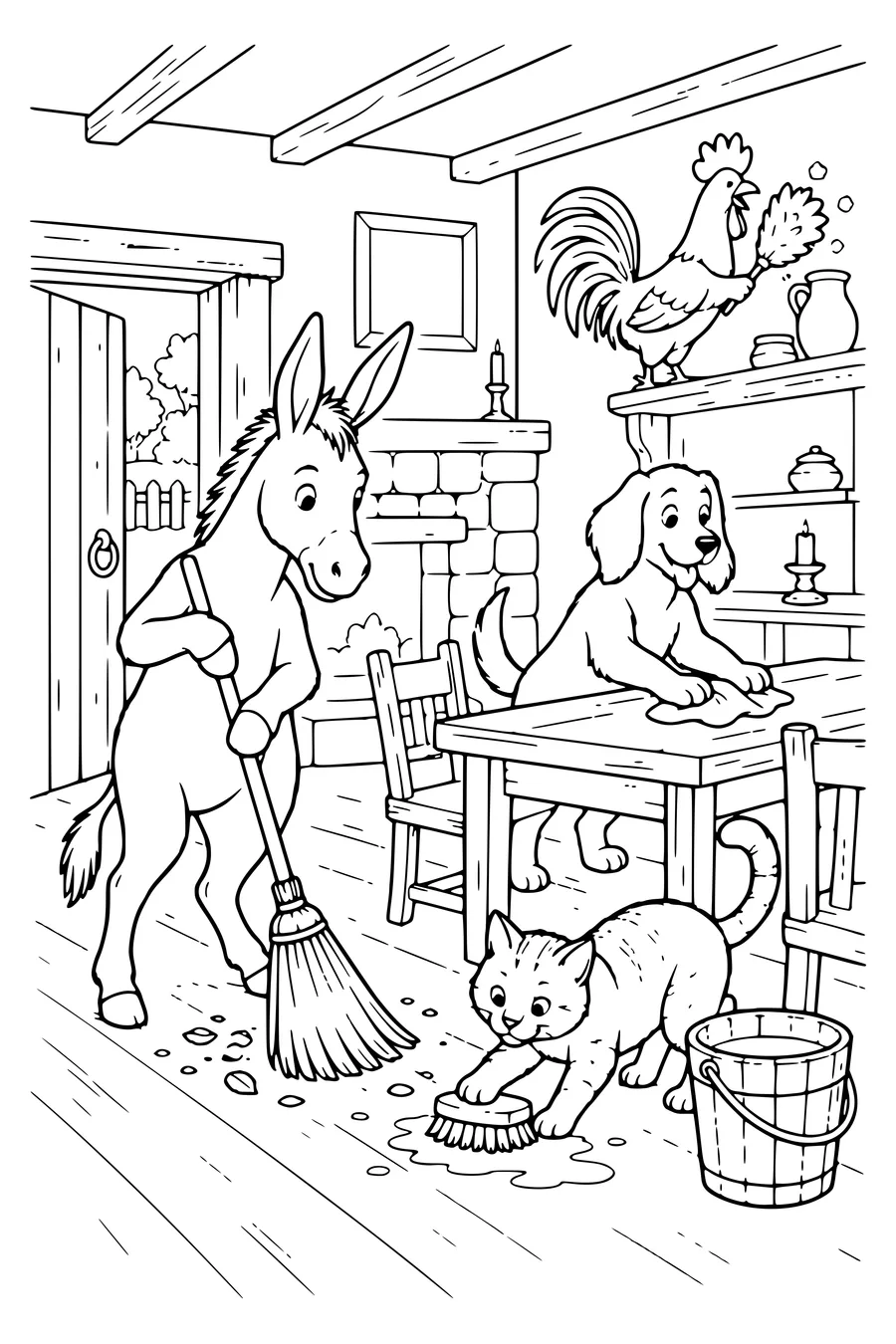Kleurplaat: De dieren maken hun huis schoon.