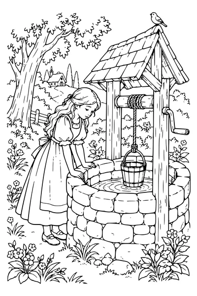 Ausmalbild: Das Mädchen am Brunnen.