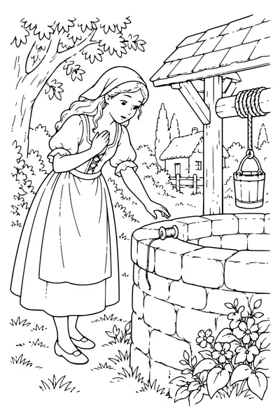 Ausmalbild: Die Spule am Brunnenrand.