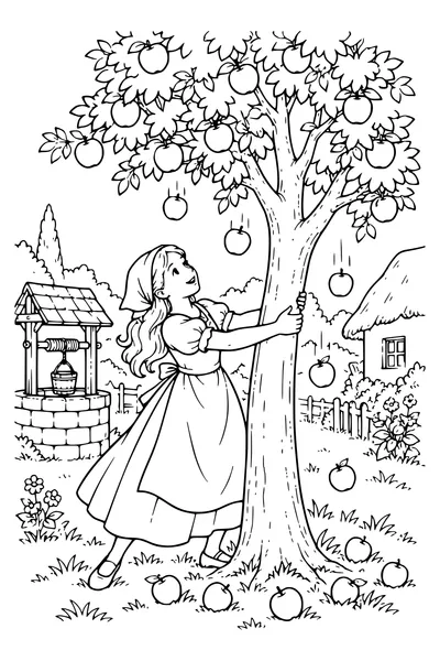 Ausmalbild: Das Mädchen schüttelt den Apfelbaum.