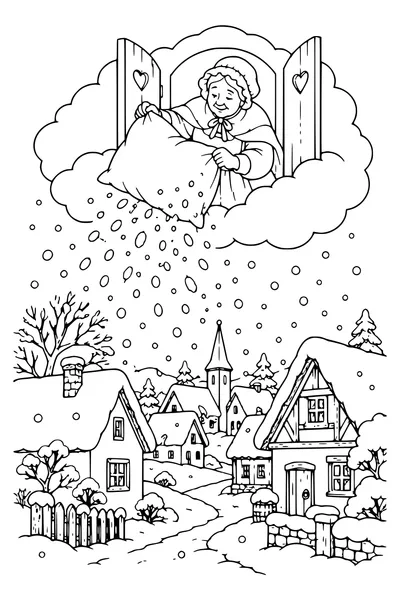 Ausmalbild: Schnee fällt über das Dorf.