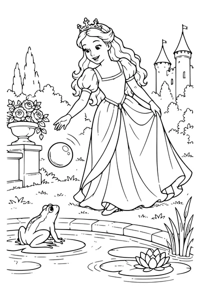 Ausmalbild: Die Prinzessin spielt mit ihrem goldenen Ball.