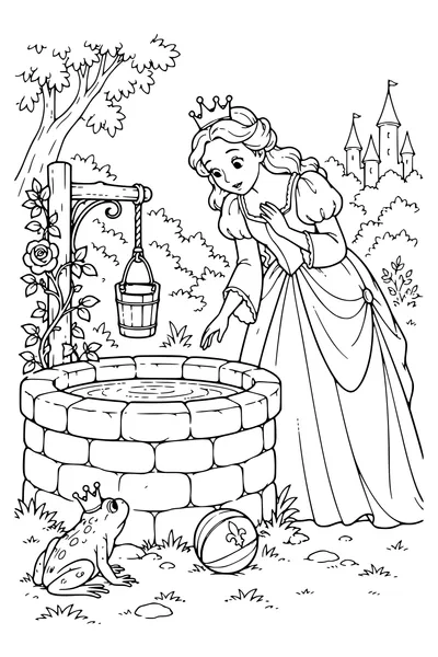 Ausmalbild: Der Ball liegt neben dem Brunnen.