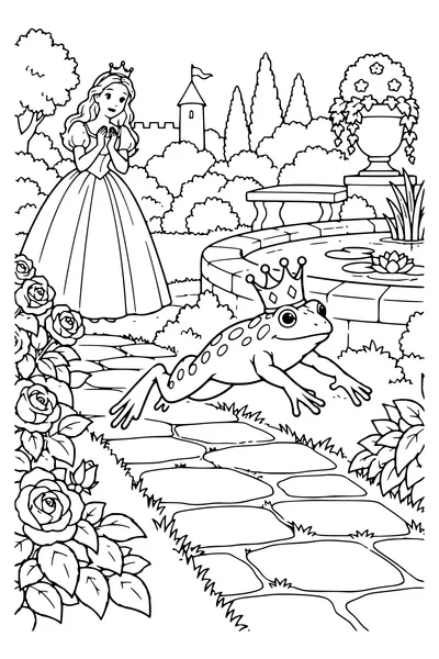 Ausmalbild: Der Frosch springt über einen Gartenweg.