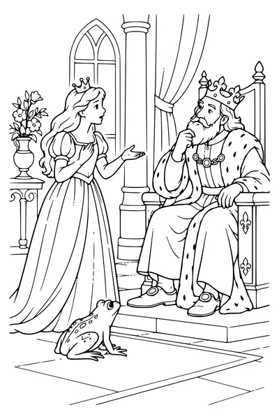 Ausmalbild: Der König hört der Prinzessin zu.
