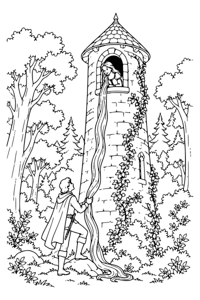 Ausmalbild: Der Turm im Wald.
