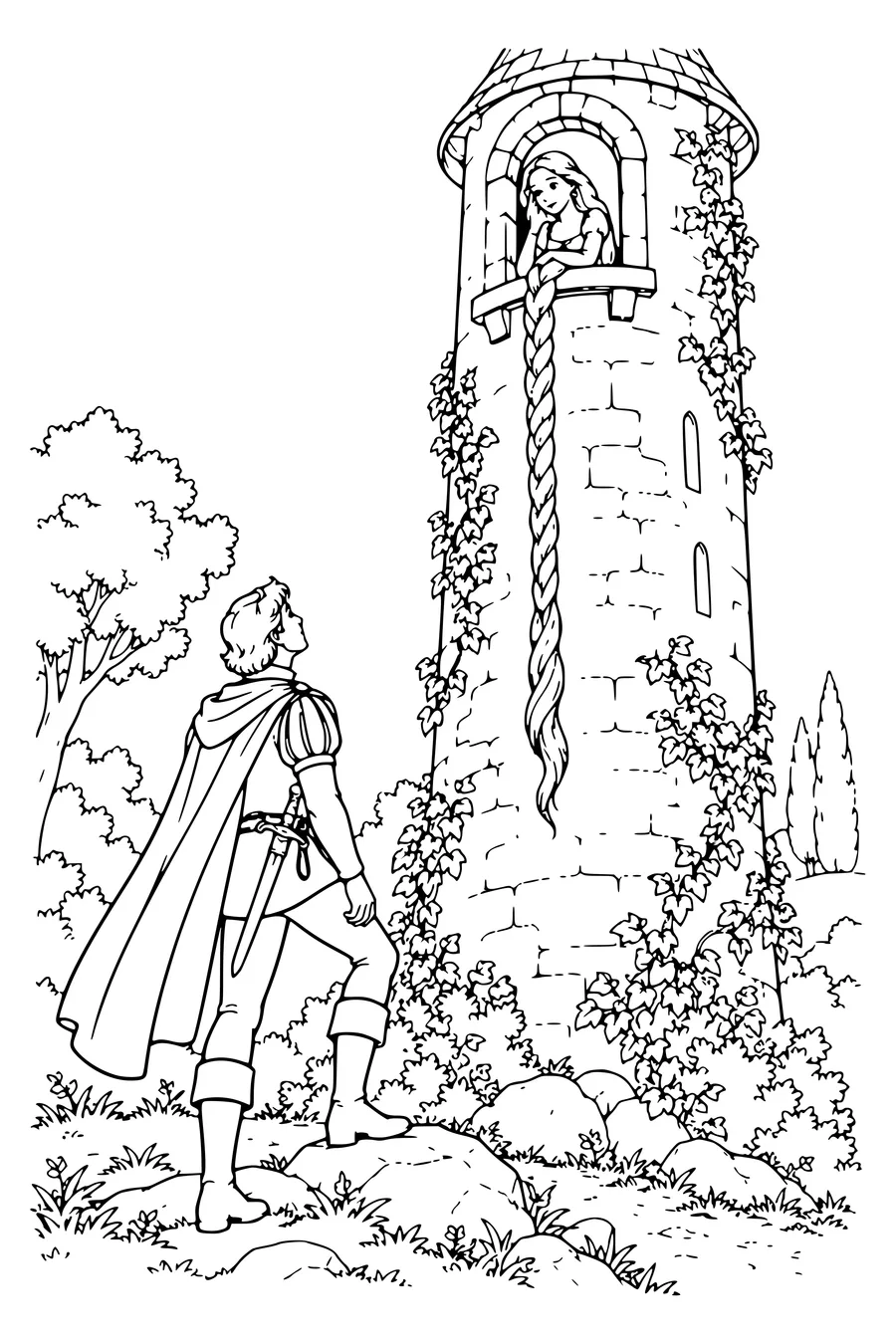 Coloriage : Le prince au pied de la tour.