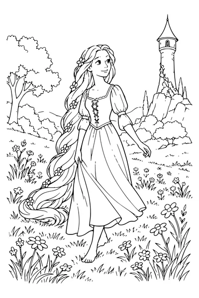 Ausmalbild: Rapunzel geht durch eine Wiese.