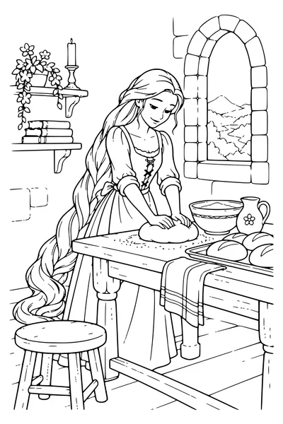 Ausmalbild: Rapunzel backt Brot in ihrem Zimmer.