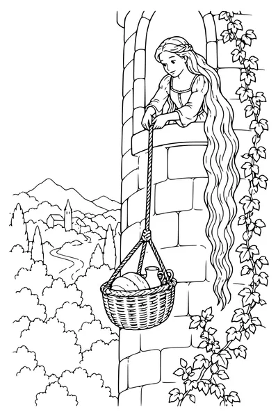 Ausmalbild: Ein Korb sinkt an der Turmwand hinab.