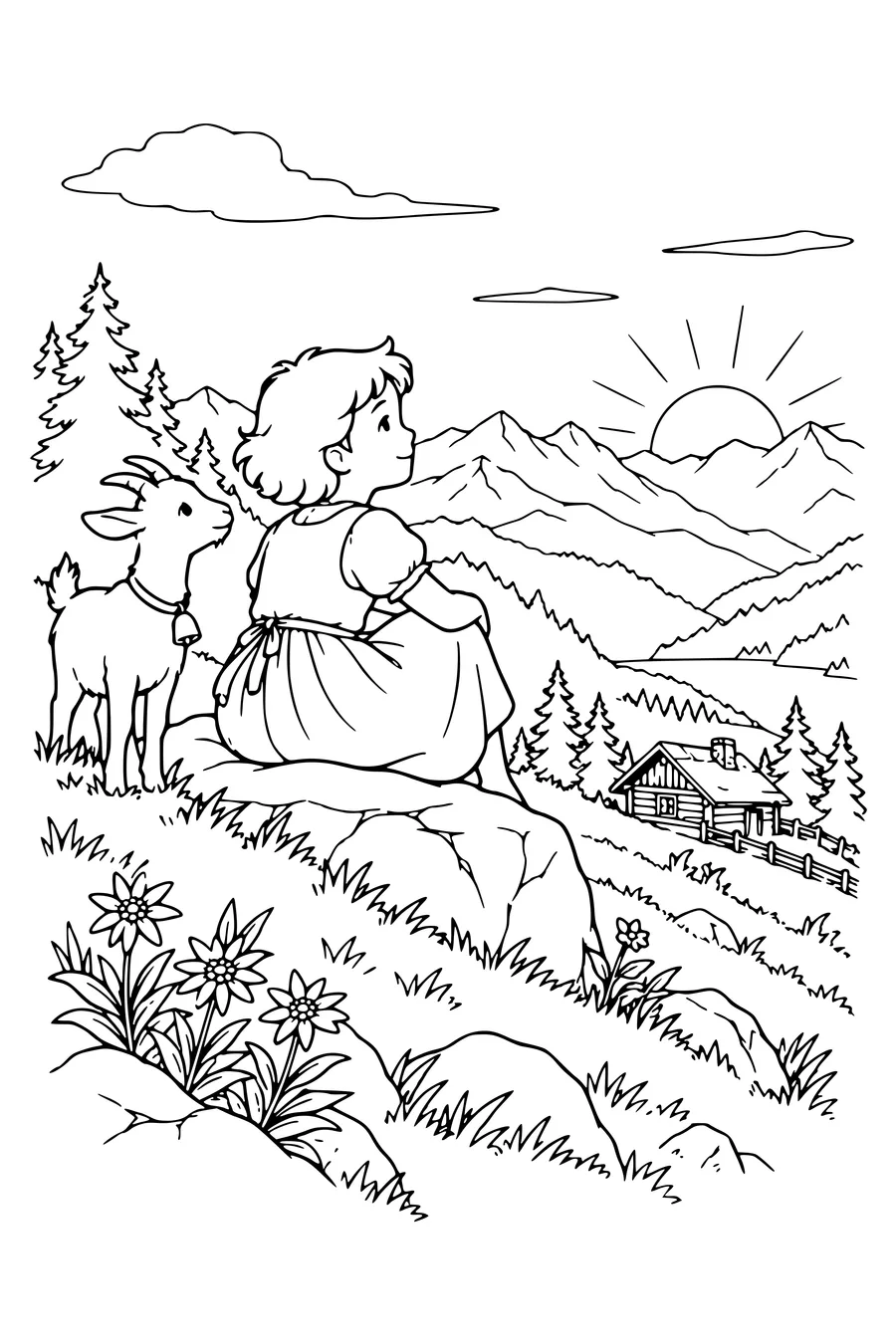 Kleurplaat: Heidi ziet de zonsondergang.