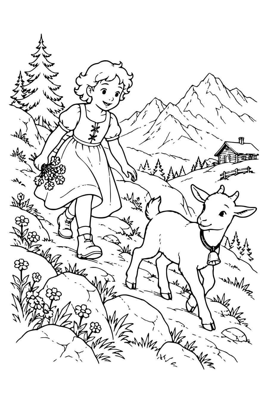 Kleurplaat: Heidi volgt een jong geitje.