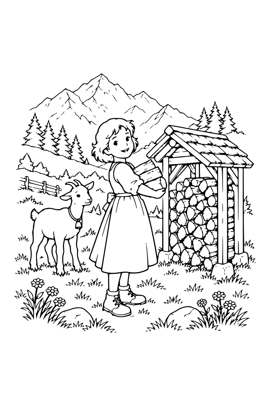 Ausmalbild: Heidi am Holzstapel.