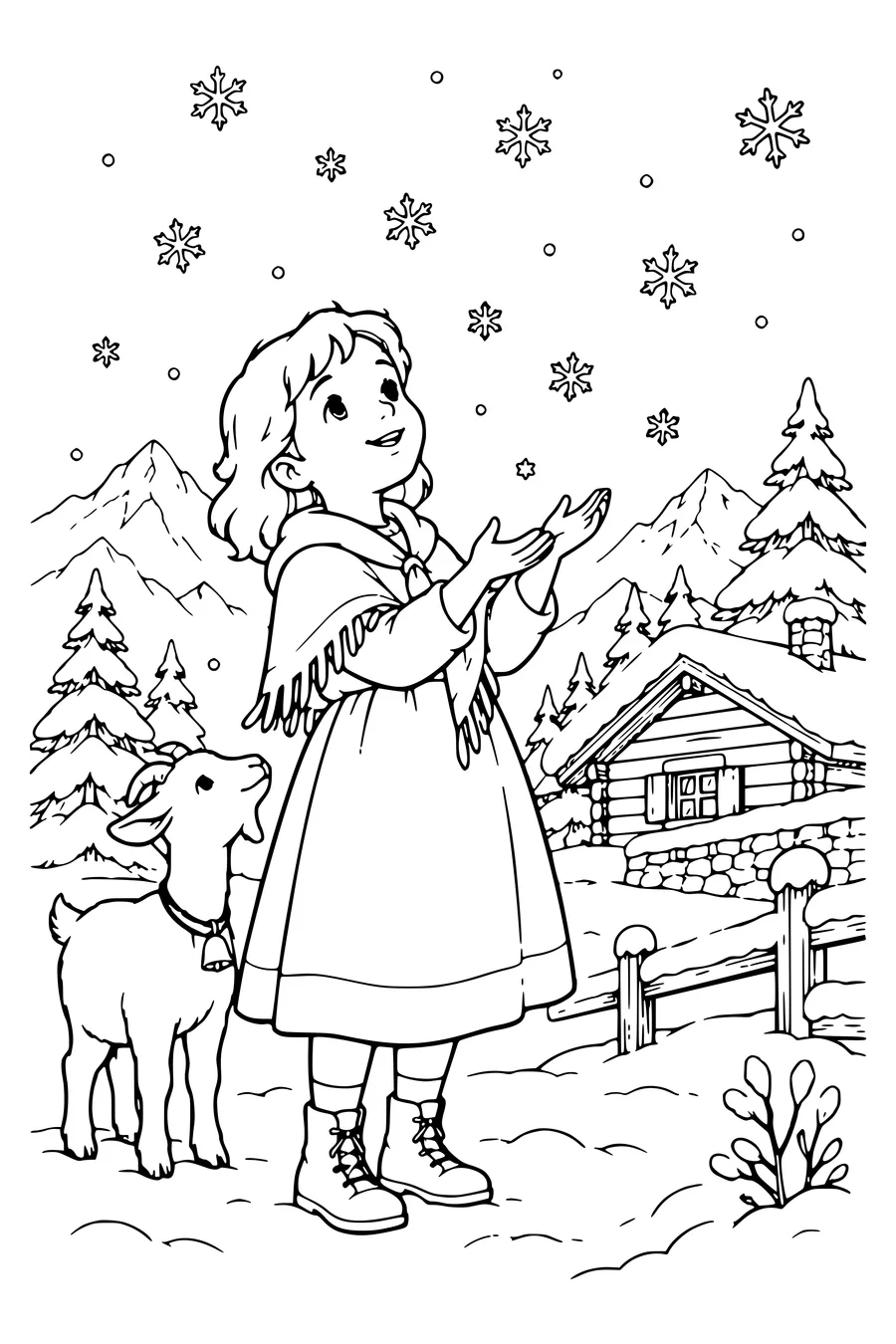 Coloring page: Heidi watches the snowflakes.