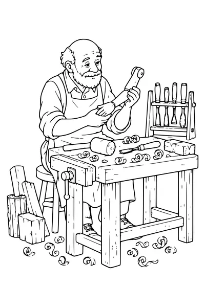 Coloring page: Geppetto at his workbench.