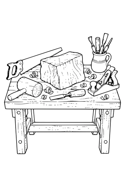 Coloring page: A block of wood among the tools.