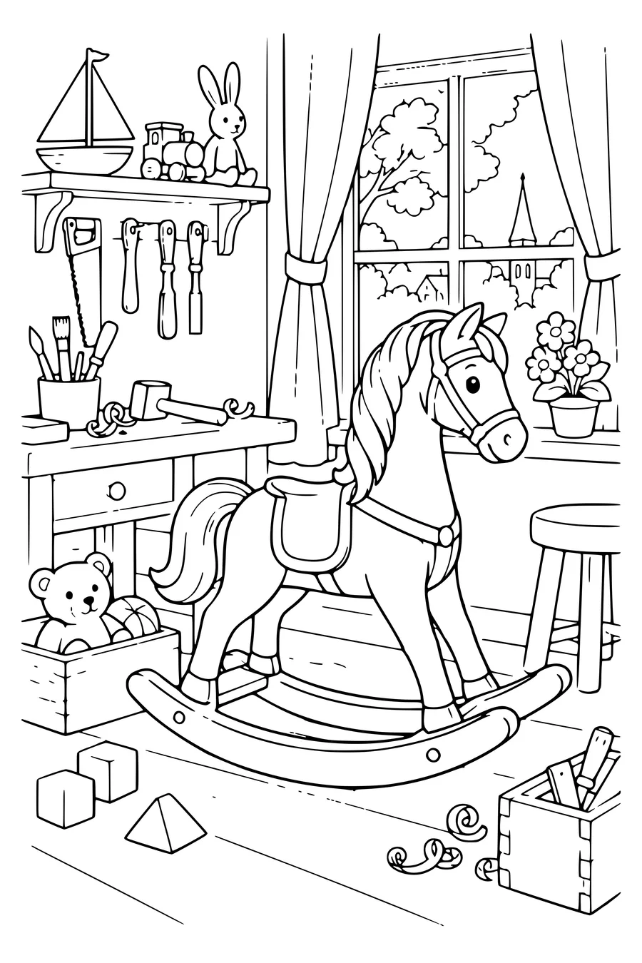 Coloriage : Un cheval à bascule près de la fenêtre.