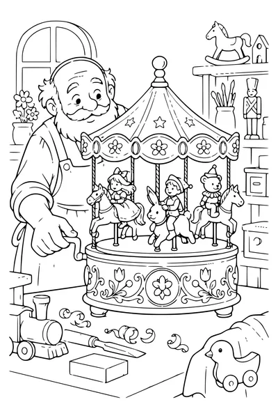 Ausmalbild: Ein Musikkarussell mit kleinen Figuren.