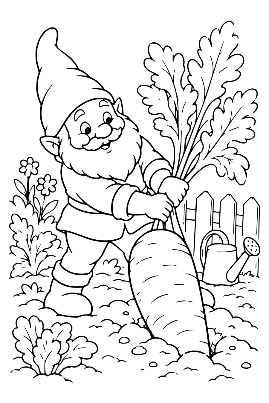 Coloring page: A gnome harvests a giant carrot.