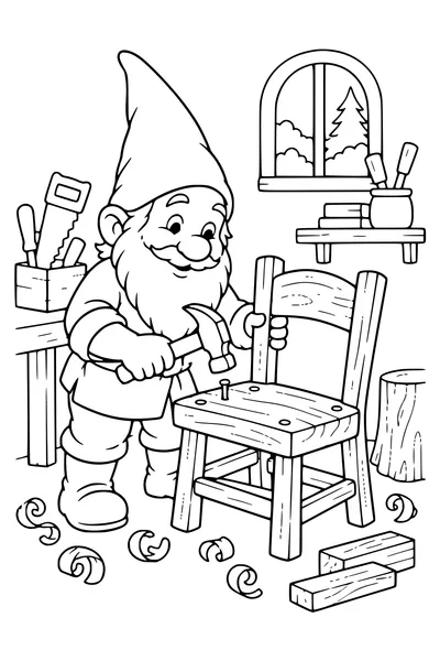Coloriage : Un lutin fabrique une chaise en bois.