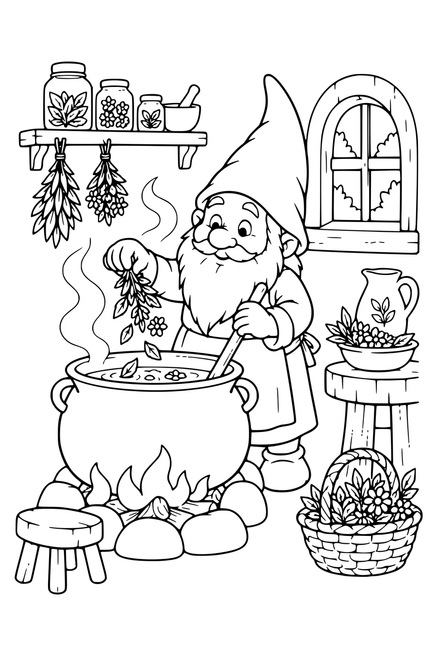 Coloriage : Un lutin prépare une tisane.