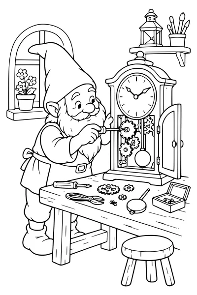 Coloriage : Un lutin répare une horloge.