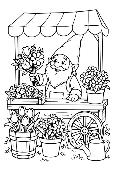 Coloriage : Un lutin vend des fleurs.