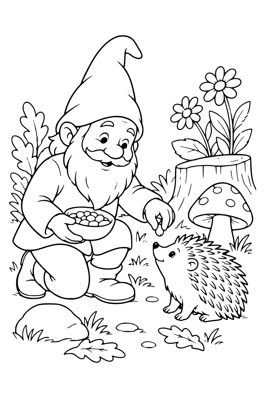Coloring page: A gnome feeds a hedgehog.