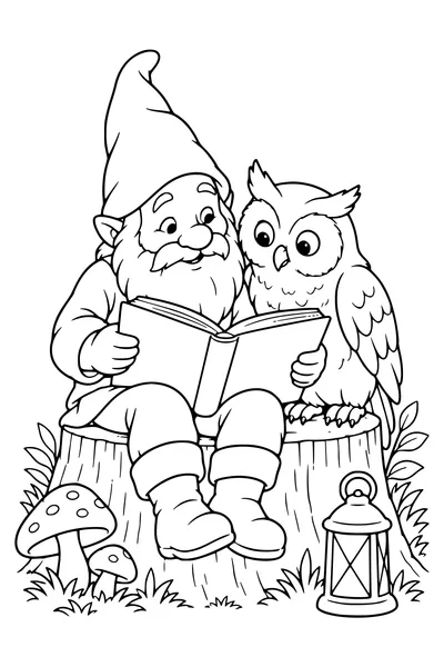 Coloriage : Un lutin lit avec une chouette.