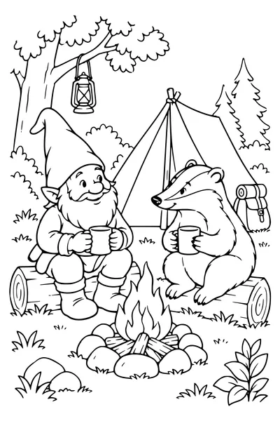 Coloriage : Un lutin campe avec un blaireau.
