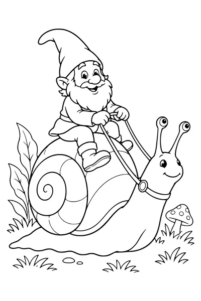 Coloriage : Un lutin chevauche un escargot.