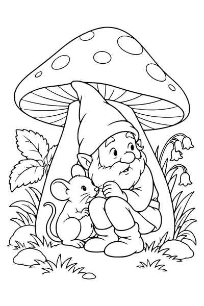 Coloriage : Un lutin s'abrite avec une souris.