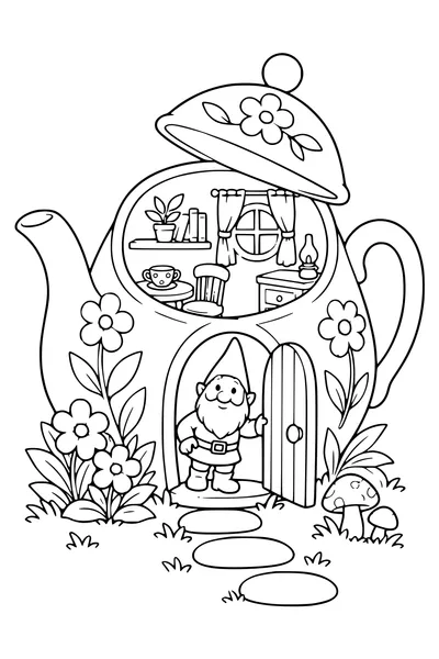 Coloriage : Une maison de lutin dans une théière.